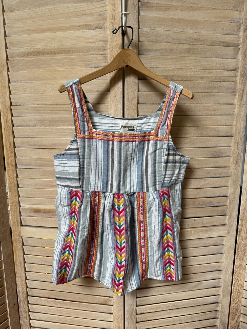 Savanna Jane Blue/White stripe and Multicolor Embroidered Tank Top boho festival